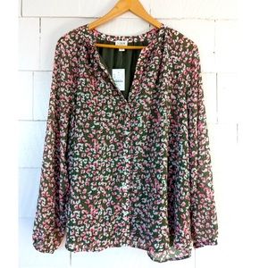 NWT J. Crew Green Pink Floral Long Sleeve Blouse Size XXL